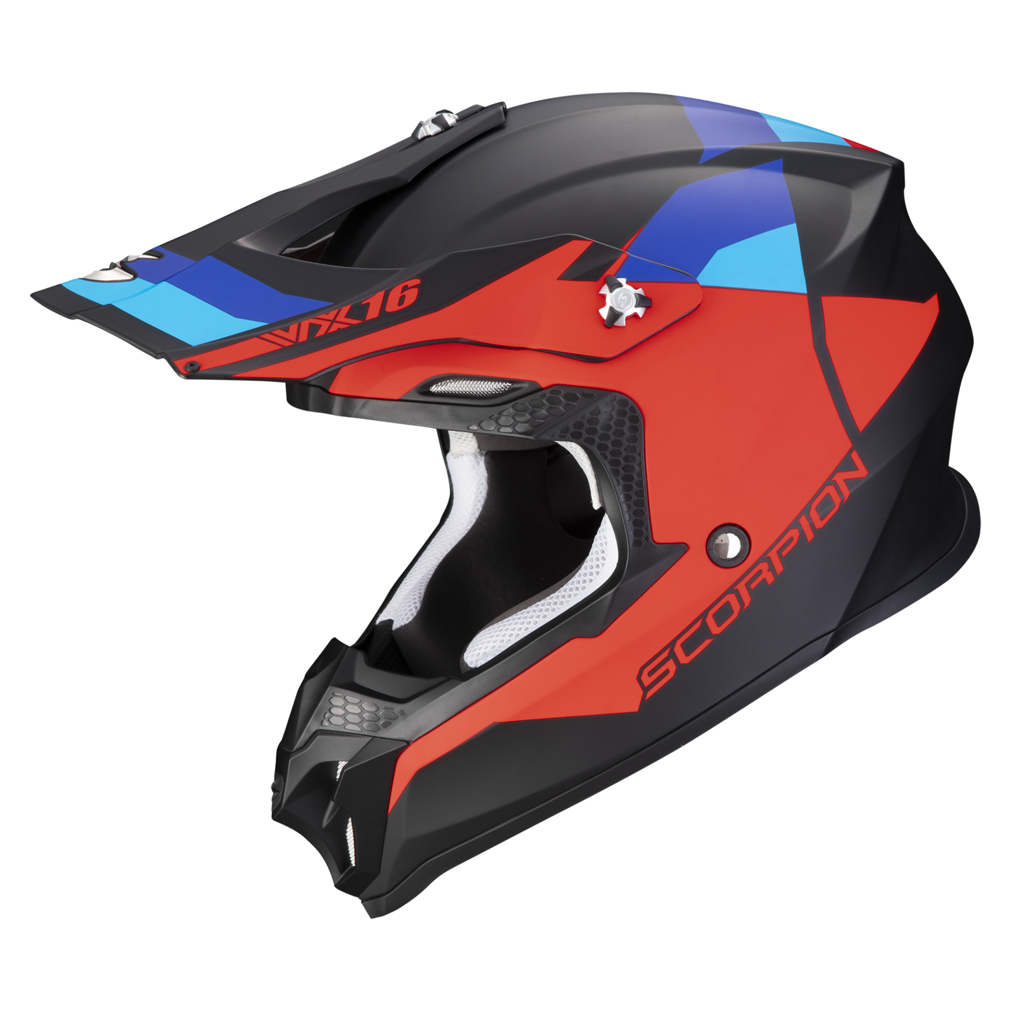 Casco Motocross Scorpion VX-16 EVO AIR Spectrum Nero Rosso e Blu Opaco ECE 22-06