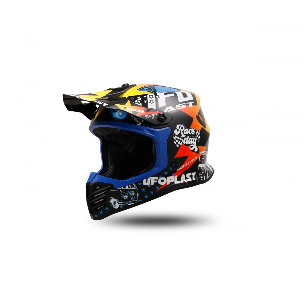 Casco Motocross Bimbo Ufo Plast Korey Gasolina Nero Giallo Blu