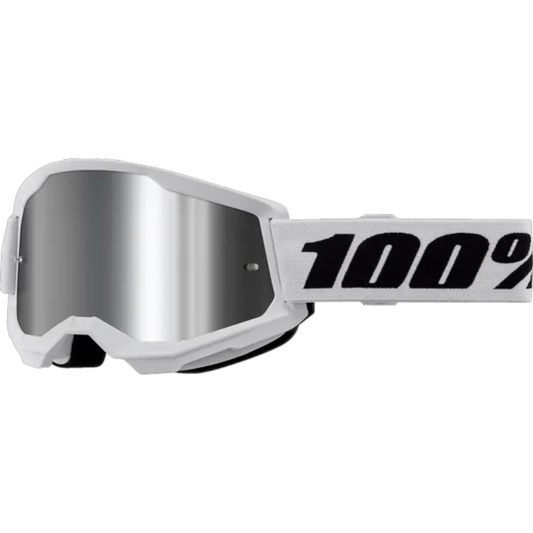 Maschera Motocross 100% Strata 2 Goggle Bianco Lente Specchiata Silver