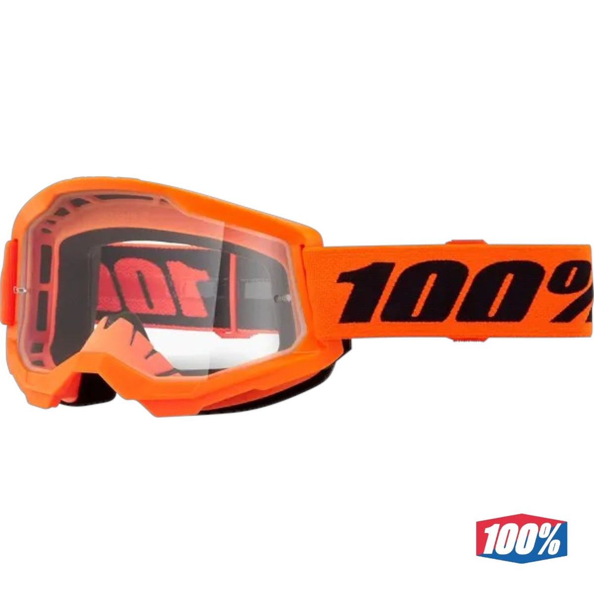 Maschera Motocross 100% Strata 2 Goggle Arancione Fluo Con Lente Trasparente