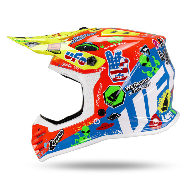 Casco Motocross Bimbo Ufo Plast Korey Giallo Rosso Blu